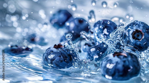 High-speed photo of blueberries splashing in water, dynamic and vibrant, close-up detail. © arhendrix