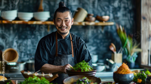 An asian chef presents his culinary art in a restaurant photo