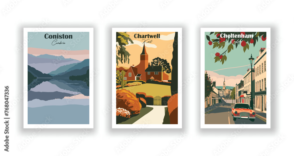 Chartwell, Kent. Cheltenham, England. Coniston, Cumbria - Set of 3 Vintage Travel Posters. Vector illustration. High Quality Prints