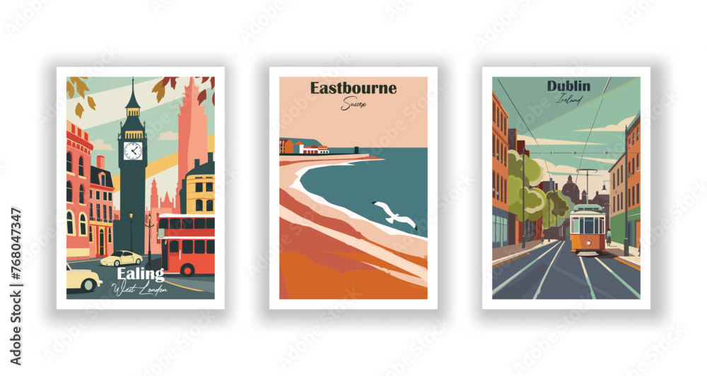 Dublin, Ireland. Ealing, West London. Eastbourne, Sussex - Set of 3 Vintage Travel Posters. Vector illustration. High Quality Prints