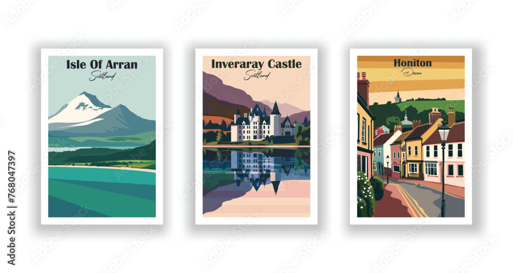 Honiton, Devon. Inveraray Castle, Scotland. Isle Of Arran, Scotland - Set of 3 Vintage Travel Posters. Vector illustration. High Quality Prints