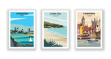 Caernarfon, Wales. Canterbury, England. Carbis Bay, Cornwall - Set of 3 Vintage Travel Posters. Vector illustration. High Quality Prints