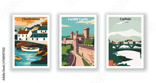 Cardiff Castle, Wales. Carlisle, Cumbria. Charlestown, Cornwall - Set of 3 Vintage Travel Posters. Vector illustration. High Quality Prints photo