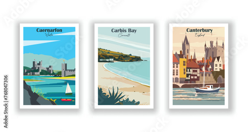 Caernarfon, Wales. Canterbury, England. Carbis Bay, Cornwall - Set of 3 Vintage Travel Posters. Vector illustration. High Quality Prints