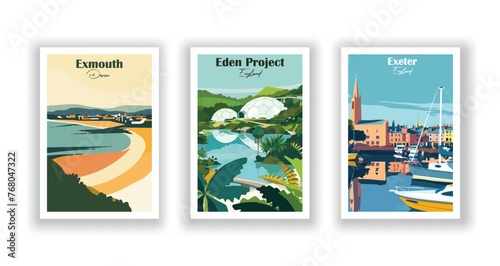 Eden Project, England. Exeter, England. Exmouth, Devon - Set of 3 Vintage Travel Posters. Vector illustration. High Quality Prints