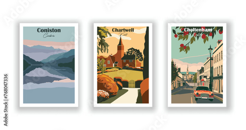 Chartwell  Kent. Cheltenham  England. Coniston  Cumbria - Set of 3 Vintage Travel Posters. Vector illustration. High Quality Prints