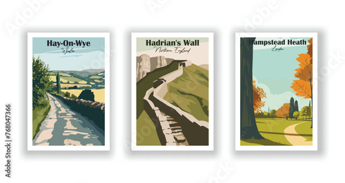Hadrian's Wall, Northern England. Hampstead Heath, London. Hay-On-Wye, Wales - Set of 3 Vintage Travel Posters. Vector illustration. High Quality Prints