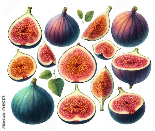 Digital illustration of a juicy fig, purple, green, cut, whole, with leaves. Clip art isolated on transparent background. For shops, wedding invitations, food business
