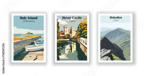 Helvellyn, Cumbria. Hever Castle, England. Holy Island, Northumberland - Set of 3 Vintage Travel Posters. Vector illustration. High Quality Prints