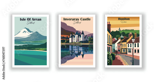 Honiton  Devon. Inveraray Castle  Scotland. Isle Of Arran  Scotland - Set of 3 Vintage Travel Posters. Vector illustration. High Quality Prints