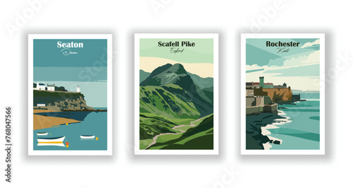 Rochester, Kent. Scafell Pike, England. Seaton, Devon - Set of 3 Vintage Travel Posters. Vector illustration. High Quality Prints