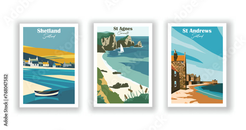 Sennen Cove, Cornwall. Seven Sisters, East Sussex. Sevenoaks, Kent - Set of 3 Vintage Travel Posters. Vector illustration. High Quality Prints
