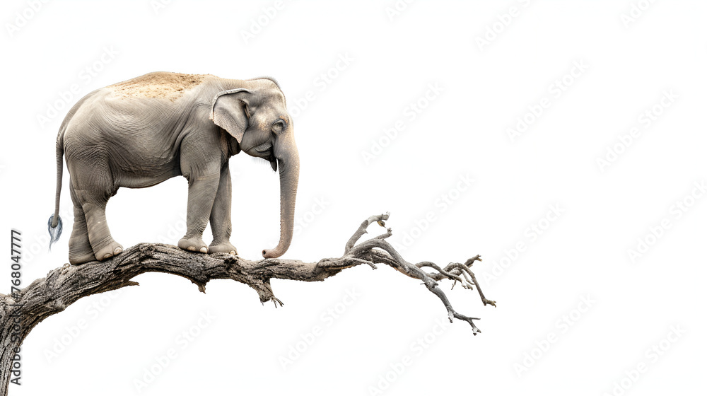Lonely elephant on tree isolated on white with copyspace, genenerative ai