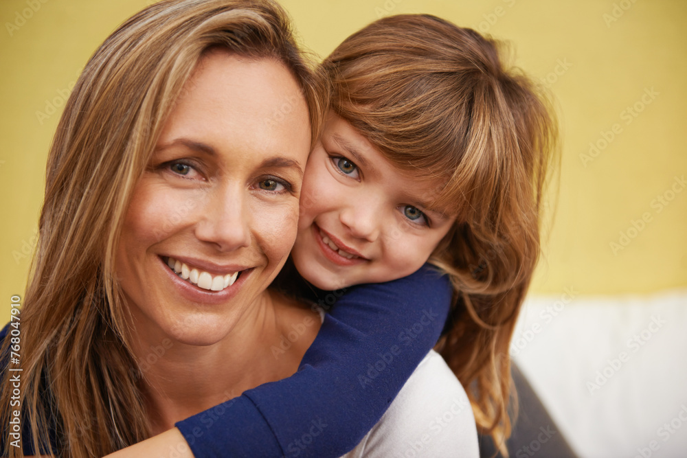 Mother, child and portrait in house for hug, love and childhood for family, growth and play. Mom and girl with smile and happy together for kids, growing up and happiness for children and bonding Mother, child and portrait in house for hug, love and childhood for family, growth and play. Mom and girl with smile and happy together for kids, growing up and happiness for children and bonding
