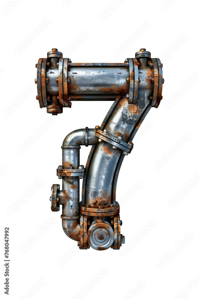 The numeral 7 constructed from metal pipes, showcasing industrial creativity and precision. Isolated numeral 7. The numeral 7 constructed from metal pipes, showcasing industrial creativity and precision. Isolated numeral 7.