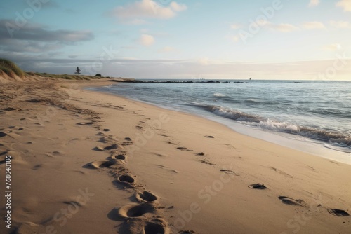 a beach with footprints in the sand, leading away from the water's edge and towards the horizon