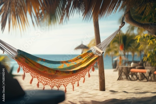a beach with a hammock, with its colorful fabric creating a cozy atmosphere and inviting viewers to relax © Michael Böhm