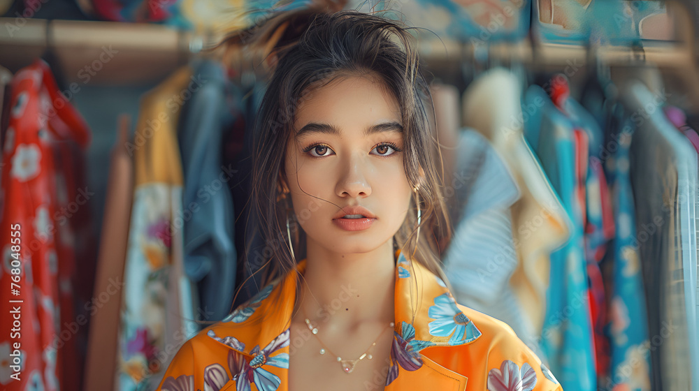 Portrait of a young female Asian fashionista trying on outfits and posing in a studio, Generative Ai 