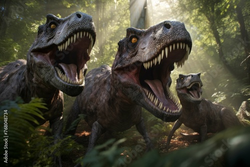 Friendly dinosaurs playing in prehistoric forest.