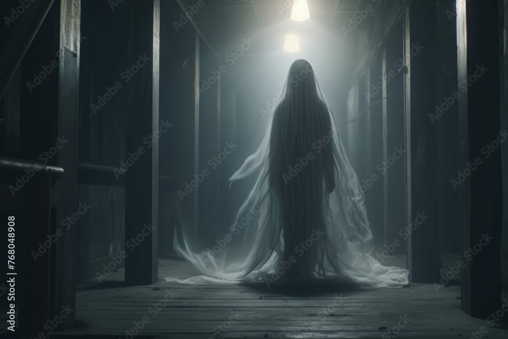 Ghostly apparition in an abandoned hallway Ghostly apparition in an abandoned hallway