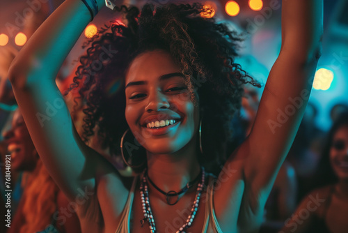 Afro american beauty lady dancing in a disco party.