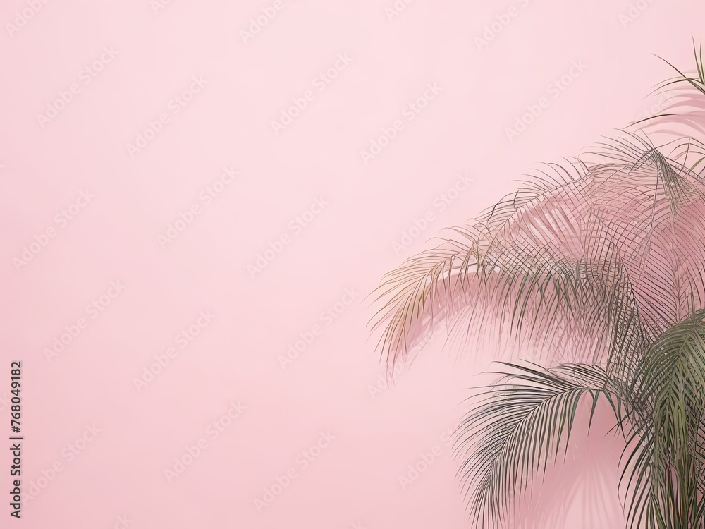 Palm leaves cast a hazy shade on the pale pink wall. abstract background with a minimum for showcasing products. summer and spring.