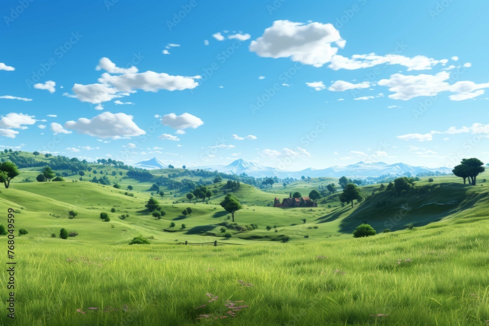 A peaceful and serene countryside with rolling hills and a clear blue sky.