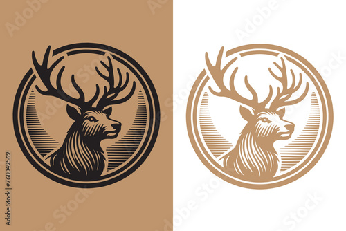 Hunting round emblem: Deer. Vintage retro engraving illustration. Black icon, isolated element	
