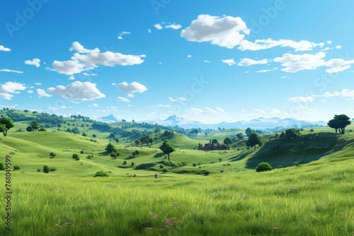 A peaceful and serene countryside with rolling hills and a clear blue sky.