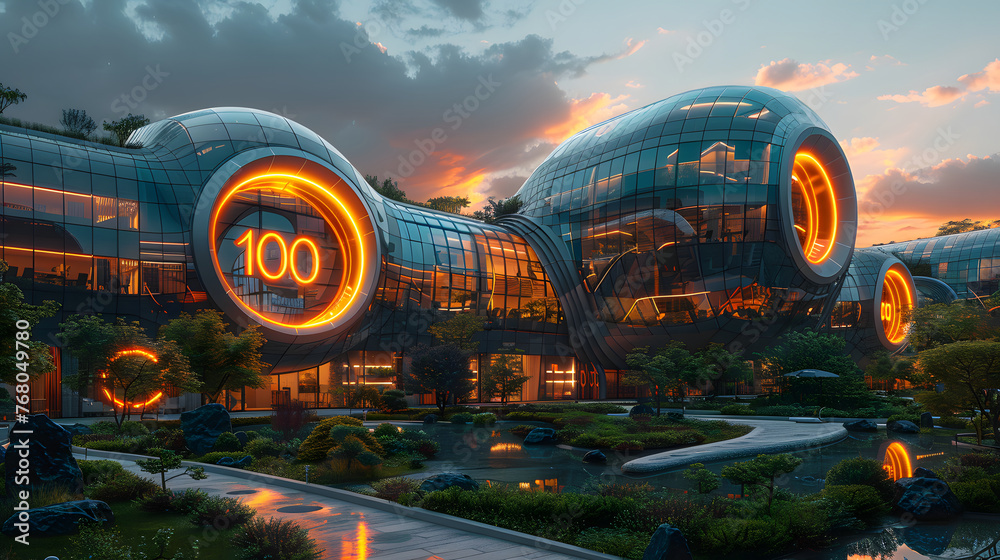 a tall building with the number 100 lit up on its side. The building has a neon orange hue and is surrounded by plant and rocks.  - obrazy, fototapety, plakaty 