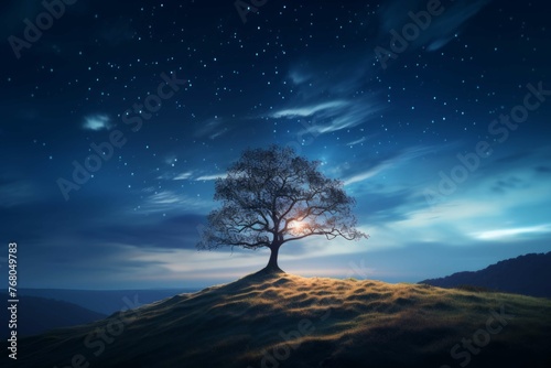 Tree on a hill with starry sky
