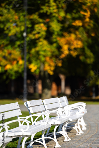 Obraz na płótnie White wooden benches in a city park. A romantic photo of empty benches in sunlight w salonie
