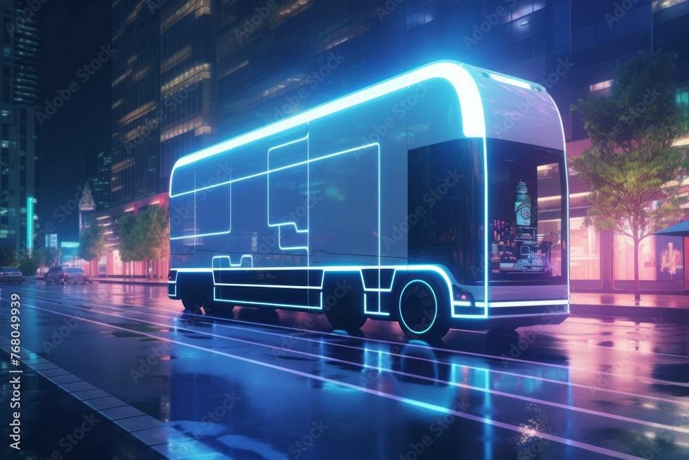 Self-driving delivery truck in city at night