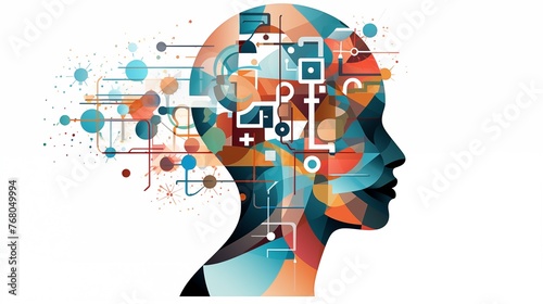 Vector line design; human head profile and jigsaw puzzle; notion of cognitive psychology or psychotherapy; mental health; brain trouble; personality disorder Illustrations