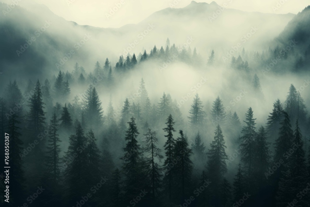 Abstract forest with towering trees and misty fog Abstract forest with towering trees and misty fog