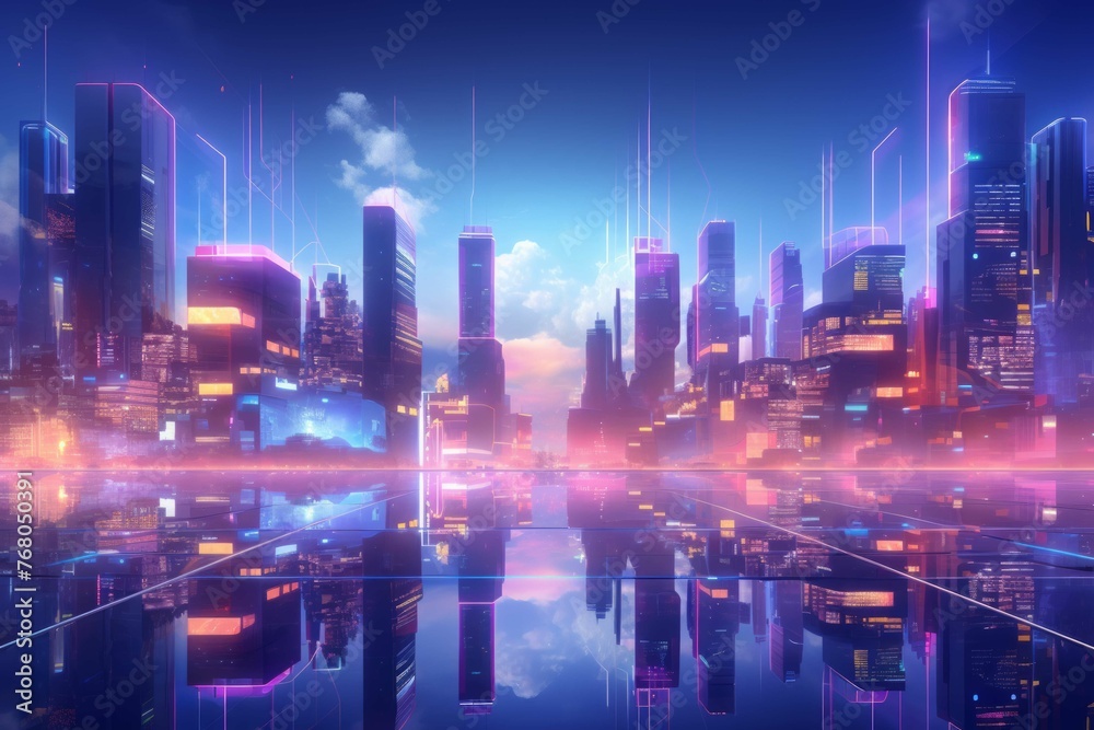 Abstract cityscape with geometric shapes and neon lights