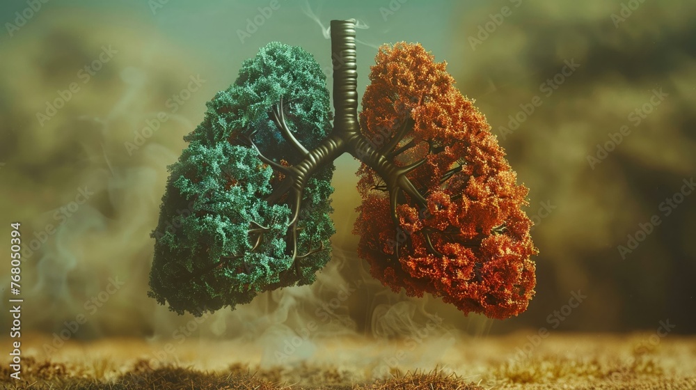 A pair of lungs illustrated as a tree, with one side lush and the other withered, depicting the effects of air pollution - obrazy, fototapety, plakaty 