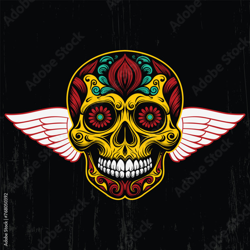 Dead day party, sugar skull or halloween holiday. Traditional mexican music festival, fun bright dance vector characters. Halloween Dia De Los Muertos Celebration. Vector Color Tattoo. Skull gothic. (ID: 768050392)
