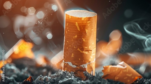 A discarded cigarette butt stands amidst ashes, embodying the health risks associated with smoking and the importance of cessation efforts.