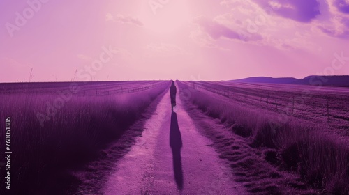 The long shadow of a solitary figure stretches down a purple-hued path, evoking a sense of solitude and reflection.