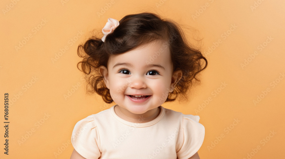 Portrait of a smiling little girl on a beige background . Portrait of a smiling little girl on a beige background .