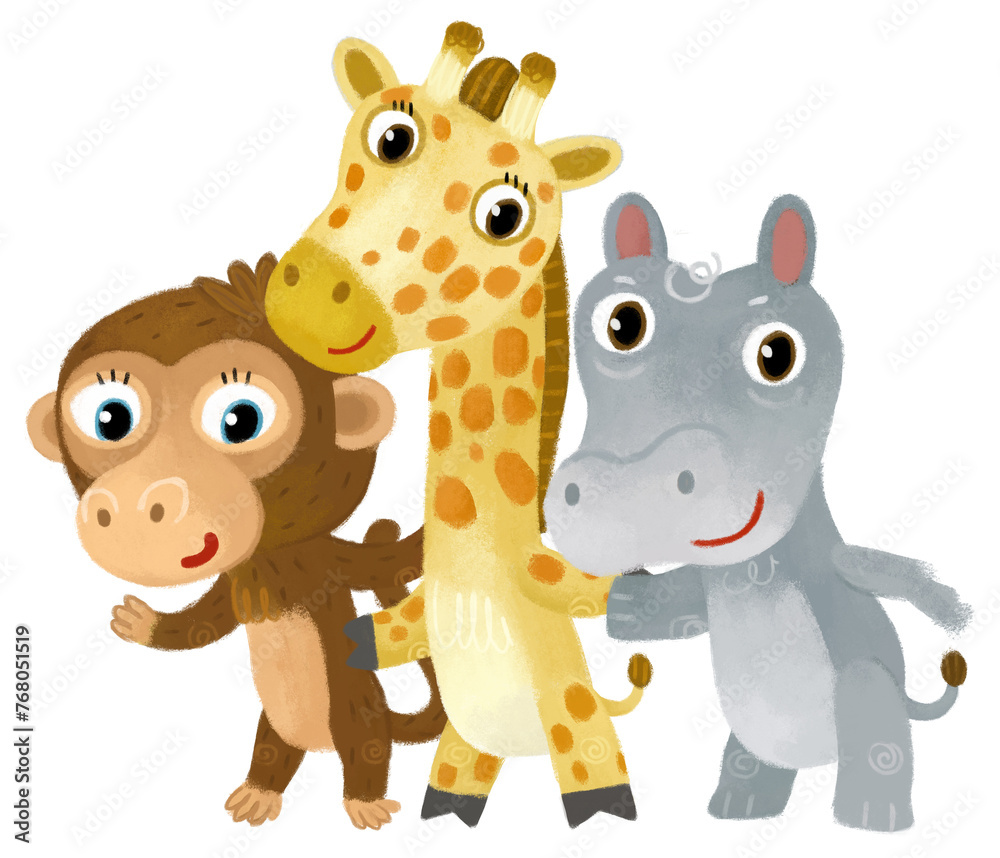 Cartoon zoo scene with zoo animals friends together in amusement park on white background with space for text illustration for children Cartoon zoo scene with zoo animals friends together in amusement park on white background with space for text illustration for children