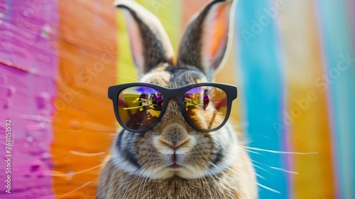 Chill bunny: adorable rabbit sporting sunglasses on vibrant background