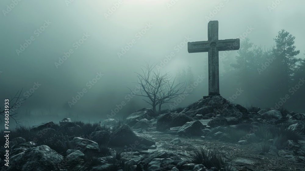 Enigmatic creepycross: mysterious symbol against dramatic skyline Enigmatic creepycross: mysterious symbol against dramatic skyline