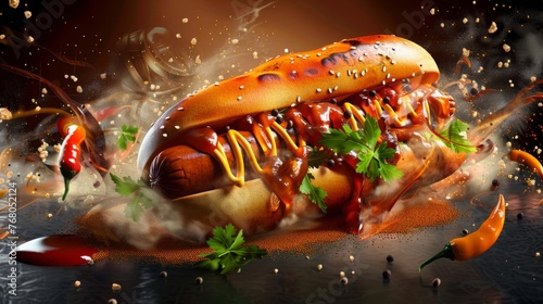 A freshly made hotdog sandwich with spices and ingredients in mid-air, ideal for enticing fast food advertisements and menus. photo