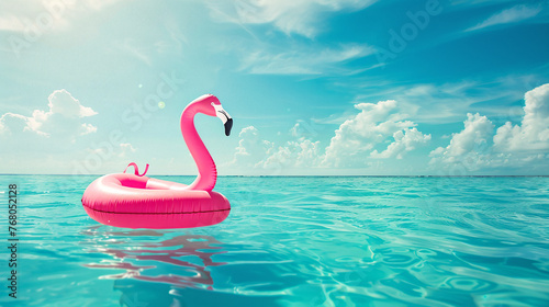 Pink inflatable swimming ring in the shape of flamingo lies on the turquoise sea water. Summer holiday concept at sea © CozyDigital