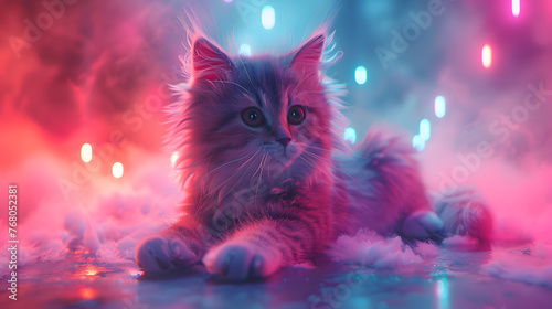 kittens sitting side by side. there's a bokeh colour effect in the background The scene has a dark feel to it with a light shining from above.
