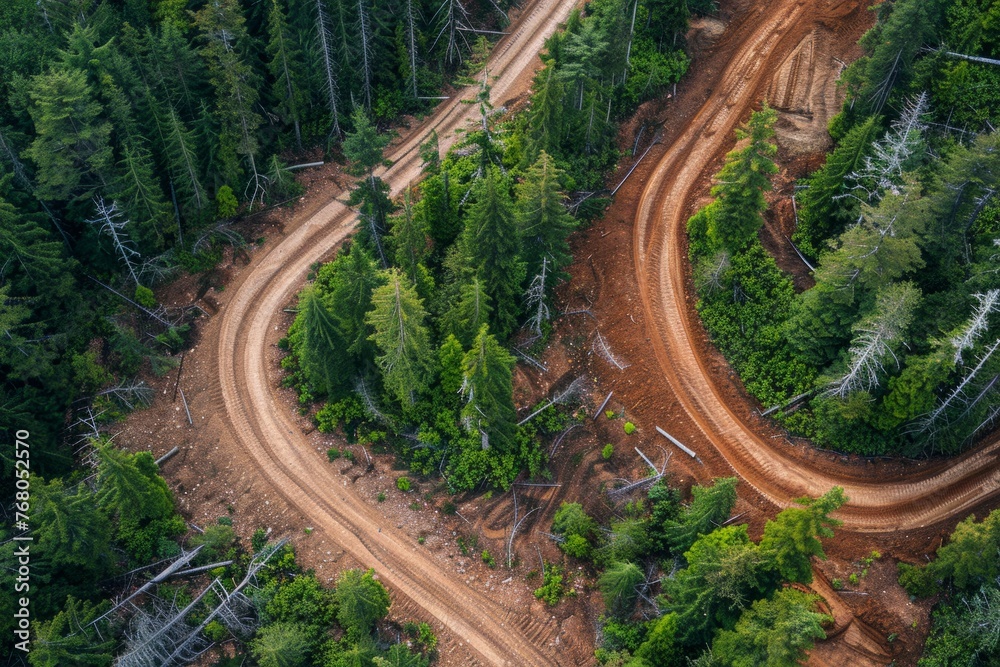 A dirt road cutting through a dense forest, surrounded by tall trees and vegetation