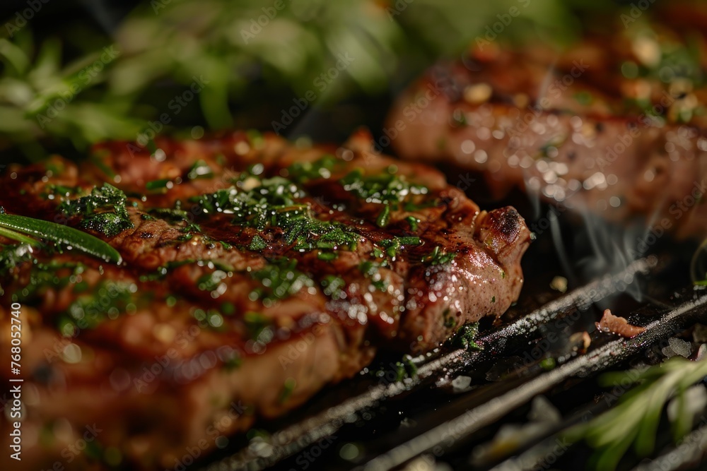 A detailed view of a steak cooking on a grill, with grill marks visible and smoke rising