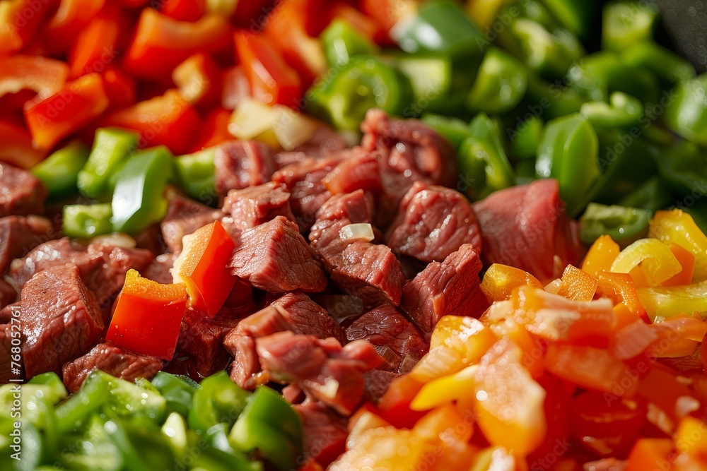 A closeup view showcasing a variety of freshly chopped vegetables and meat prepared for a beef casserole